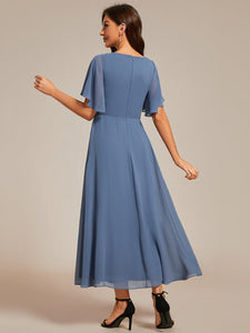 Color=Dusty Navy | Applique V Neck Tea Length Wedding Guest Dress With Short Sleeves-Dusty Navy 