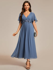 Color=Dusty Navy | Applique V Neck Tea Length Wedding Guest Dress With Short Sleeves-Dusty Navy 