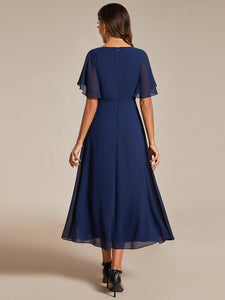 Color=Navy Blue | Applique V Neck Tea Length Wedding Guest Dress With Short Sleeves-Navy Blue 