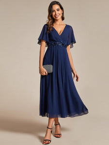 Color=Navy Blue | Applique V Neck Tea Length Wedding Guest Dress With Short Sleeves-Navy Blue 