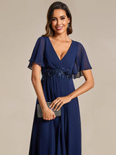 Load image into Gallery viewer, Color=Navy Blue | Applique V Neck Tea Length Wedding Guest Dress With Short Sleeves-Navy Blue 