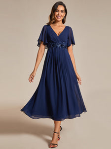 Color=Navy Blue | Applique V Neck Tea Length Wedding Guest Dress With Short Sleeves-Navy Blue 