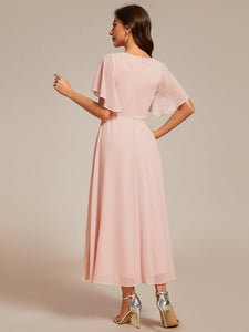 Color=Pink | Applique V Neck Tea Length Wedding Guest Dress With Short Sleeves- 