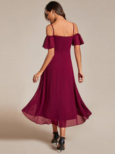 Load image into Gallery viewer, Color=Burgundy | Chiffon Spaghetti Strap Cold Shoulder Tea Length Wedding Guest Dress-Burgundy 3