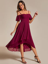 Load image into Gallery viewer, Color=Burgundy | Chiffon Spaghetti Strap Cold Shoulder Tea Length Wedding Guest Dress-Burgundy 4