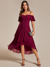 Load image into Gallery viewer, Color=Burgundy | Chiffon Spaghetti Strap Cold Shoulder Tea Length Wedding Guest Dress-Burgundy 1