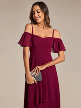 Load image into Gallery viewer, Color=Burgundy | Chiffon Spaghetti Strap Cold Shoulder Tea Length Wedding Guest Dress-Burgundy 2