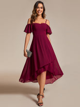 Load image into Gallery viewer, Color=Burgundy | Chiffon Spaghetti Strap Cold Shoulder Tea Length Wedding Guest Dress-Burgundy 5