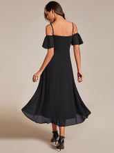 Load image into Gallery viewer, Color=Black | Chiffon Spaghetti Strap Cold Shoulder Tea Length Wedding Guest Dress-Black 16