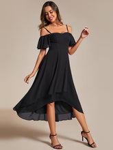 Load image into Gallery viewer, Color=Black | Chiffon Spaghetti Strap Cold Shoulder Tea Length Wedding Guest Dress-Black 14