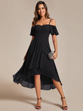 Load image into Gallery viewer, Color=Black | Chiffon Spaghetti Strap Cold Shoulder Tea Length Wedding Guest Dress-Black 13