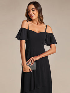 Color=Black | Chiffon Spaghetti Strap Cold Shoulder Tea Length Wedding Guest Dress-Black 15