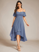 Load image into Gallery viewer, Chiffon Spaghetti Strap Cold Shoulder Tea Length Wedding Guest Dress