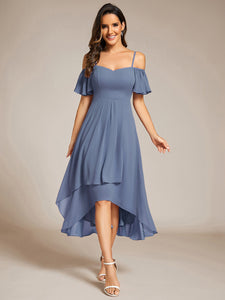 Chiffon Spaghetti Strap Cold Shoulder Tea Length Wedding Guest Dress