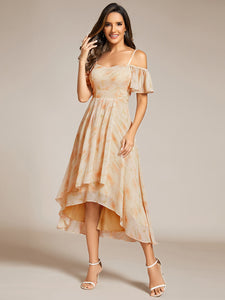 Chiffon Spaghetti Strap Cold Shoulder Tea Length Wedding Guest Dress