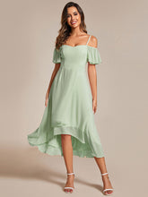 Load image into Gallery viewer, Chiffon Spaghetti Strap Cold Shoulder Tea Length Wedding Guest Dress