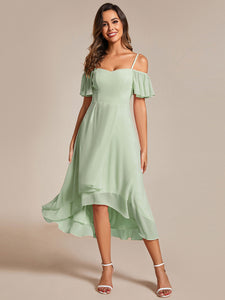 Chiffon Spaghetti Strap Cold Shoulder Tea Length Wedding Guest Dress