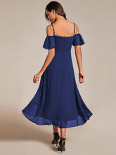 Load image into Gallery viewer, Color=Navy Blue | Chiffon Spaghetti Strap Cold Shoulder Tea Length Wedding Guest Dress-Navy Blue 