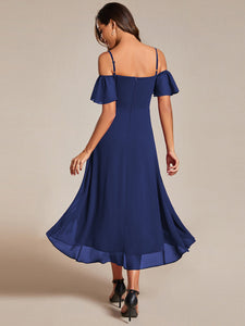 Color=Navy Blue | Chiffon Spaghetti Strap Cold Shoulder Tea Length Wedding Guest Dress-Navy Blue 