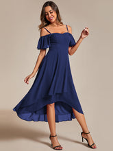 Load image into Gallery viewer, Color=Navy Blue | Chiffon Spaghetti Strap Cold Shoulder Tea Length Wedding Guest Dress-Navy Blue 