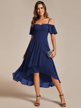 Load image into Gallery viewer, Color=Navy Blue | Chiffon Spaghetti Strap Cold Shoulder Tea Length Wedding Guest Dress-Navy Blue 