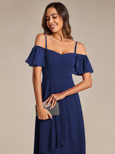 Color=Navy Blue | Chiffon Spaghetti Strap Cold Shoulder Tea Length Wedding Guest Dress-Navy Blue 