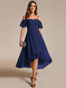 Color=Navy Blue | Chiffon Spaghetti Strap Cold Shoulder Tea Length Wedding Guest Dress-Navy Blue 