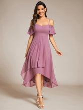 Load image into Gallery viewer, Chiffon Spaghetti Strap Cold Shoulder Tea Length Wedding Guest Dress