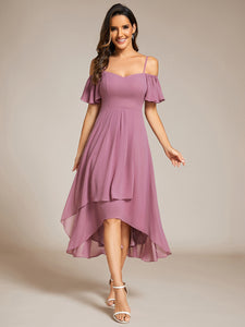 Chiffon Spaghetti Strap Cold Shoulder Tea Length Wedding Guest Dress