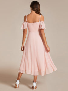 Color=Pink | Chiffon Spaghetti Strap Cold Shoulder Tea Length Wedding Guest Dress-Pink 