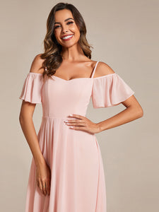 Color=Pink | Chiffon Spaghetti Strap Cold Shoulder Tea Length Wedding Guest Dress-Pink 