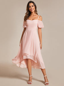 Color=Pink | Chiffon Spaghetti Strap Cold Shoulder Tea Length Wedding Guest Dress-Pink 