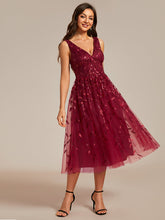 Load image into Gallery viewer, Color=Burgundy | V-Neck Sequin Midi Wedding Guest Dress With Sleeveless-Burgundy 6