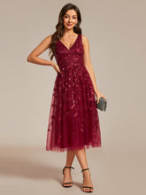 Load image into Gallery viewer, Color=Burgundy | V-Neck Sequin Midi Wedding Guest Dress With Sleeveless-Burgundy 6