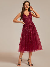 Load image into Gallery viewer, Color=Burgundy | V-Neck Sequin Midi Wedding Guest Dress With Sleeveless-Burgundy 6