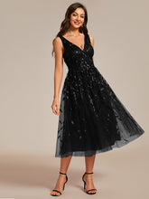 Load image into Gallery viewer, Color=Black | V-Neck Sequin Midi Wedding Guest Dress With Sleeveless-Black 10