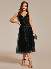 Load image into Gallery viewer, Color=Black | V-Neck Sequin Midi Wedding Guest Dress With Sleeveless-Black 8