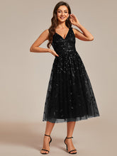 Load image into Gallery viewer, Color=Black | V-Neck Sequin Midi Wedding Guest Dress With Sleeveless-Black 12