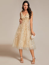 Load image into Gallery viewer, Color=Gold | V-Neck Sequin Midi Wedding Guest Dress With Sleeveless-Gold 15