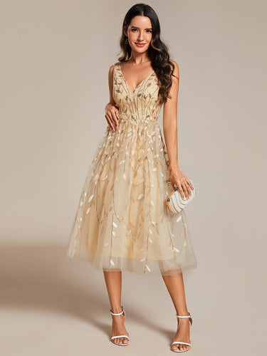 Color=Gold | V-Neck Sequin Midi Wedding Guest Dress With Sleeveless-Gold 15