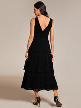 Load image into Gallery viewer, Color=Black | Spaghetti Strap Tiered Ruffle Hem Midi Length Wedding Guest Dress-Black 11