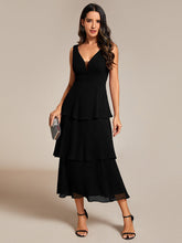 Load image into Gallery viewer, Color=Black | Spaghetti Strap Tiered Ruffle Hem Midi Length Wedding Guest Dress-Black 8