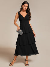 Load image into Gallery viewer, Color=Black | Spaghetti Strap Tiered Ruffle Hem Midi Length Wedding Guest Dress-Black 12