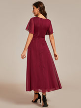 Load image into Gallery viewer, Color=Burgundy | Shimmer V Neck Tea Length Wedding Guest Dress With Short Sleeves-Burgundy 2