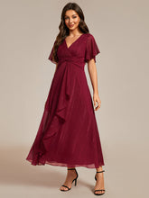 Load image into Gallery viewer, Color=Burgundy | Shimmer V Neck Tea Length Wedding Guest Dress With Short Sleeves-Burgundy 3