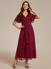 Load image into Gallery viewer, Color=Burgundy | Shimmer V Neck Tea Length Wedding Guest Dress With Short Sleeves-Burgundy 5