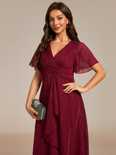 Load image into Gallery viewer, Color=Burgundy | Shimmer V Neck Tea Length Wedding Guest Dress With Short Sleeves-Burgundy 4