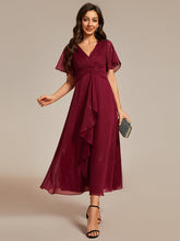 Load image into Gallery viewer, Color=Burgundy | Shimmer V Neck Tea Length Wedding Guest Dress With Short Sleeves-Burgundy 1