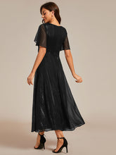 Load image into Gallery viewer, Color=Black | Shimmer V Neck Tea Length Wedding Guest Dress With Short Sleeves-Black 3