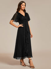 Load image into Gallery viewer, Color=Black | Shimmer V Neck Tea Length Wedding Guest Dress With Short Sleeves-Black 4